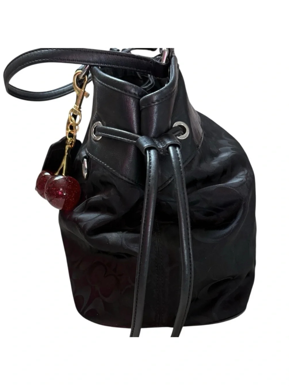 Coach Black Signature Shoulder Bag with Cherry Charm